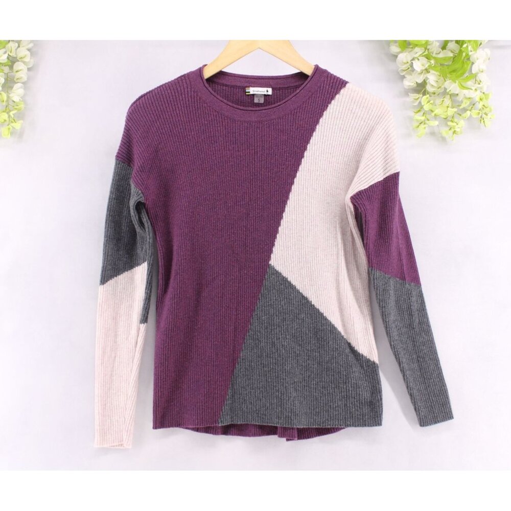 Smartwool Women's Sangria Colorblock Ribbed Merino Wool Crewneck Sweater Sz S